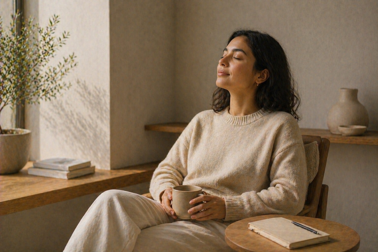A woman with dark, curly hair sitting peacefully with eyes closed, holding a mug, wearing a beige sweater, in a cozy, minimalist room with a wooden table, books, and decorative items.