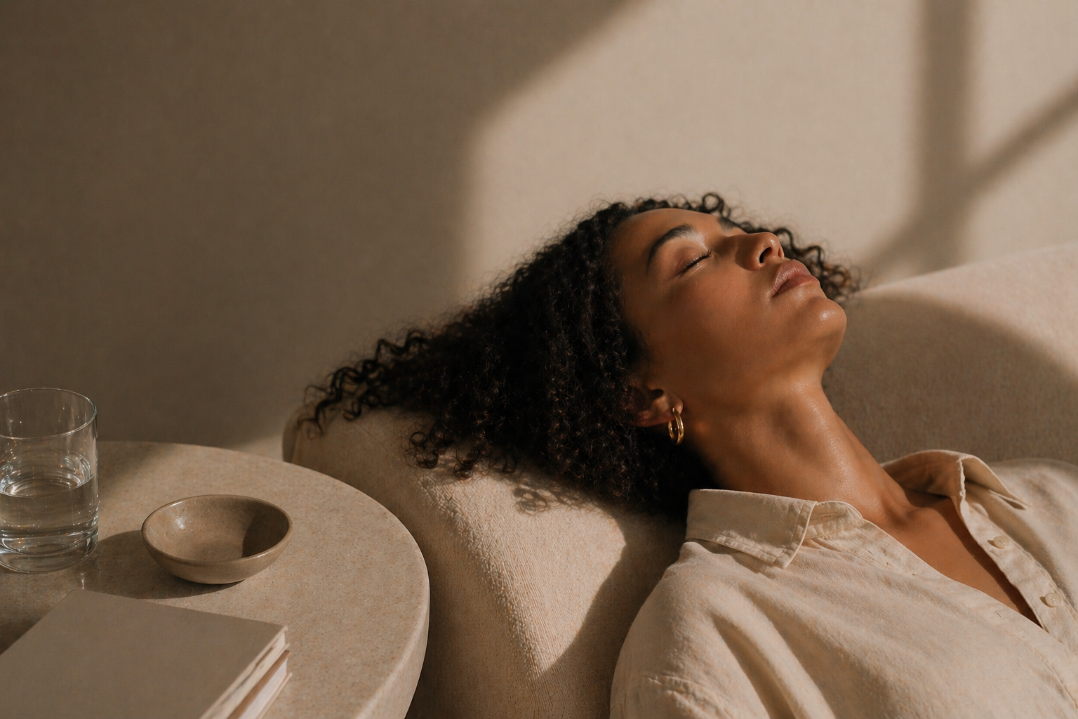 A woman with curly hair and gold hoop earrings relaxing on a beige couch with her eyes closed, wearing a cream-colored shirt. Next to her is a round beige table with a glass of water, a small bowl, and a closed book. Soft light and shadows create a calm atmosphere.