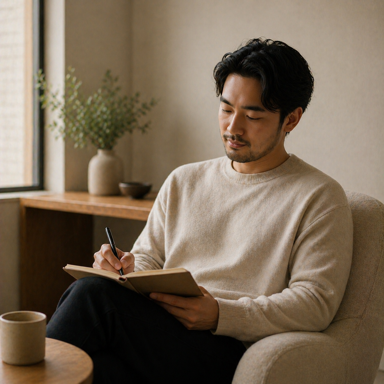 A man sitting on a beige upholstered chair, writing in a notebook with a pen, near a window with soft natural light, in a cozy room with minimalist decor.