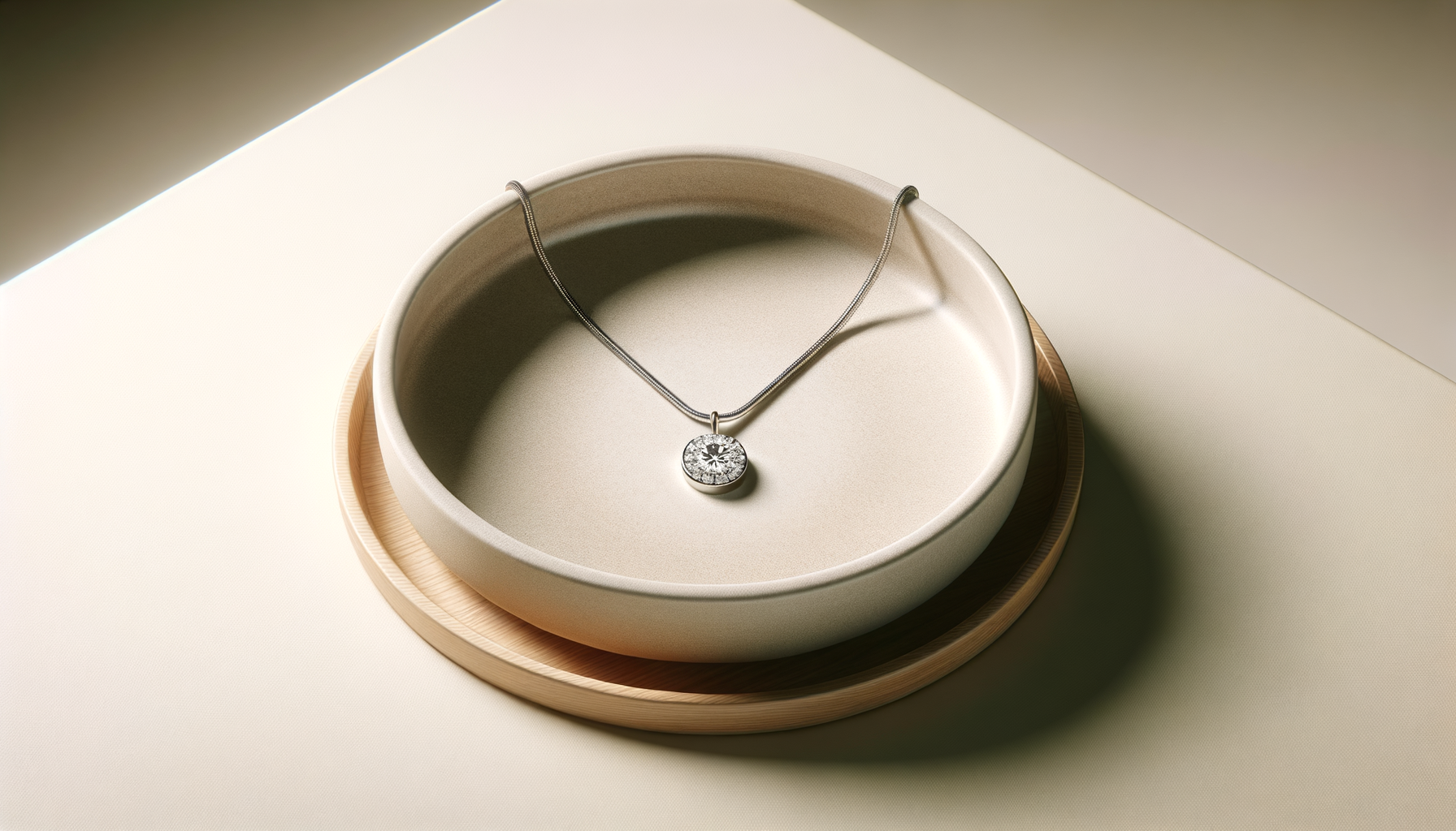 A diamond necklace with a round pendant is displayed on a circular jewelry holder, placed on a wooden tray.
