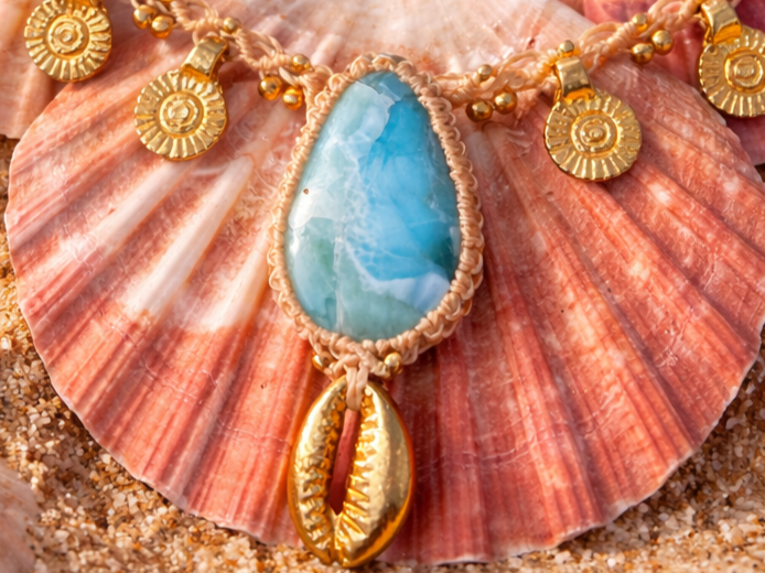 A shell necklace with a large blue gemstone, gold charms, and a shell pendant, placed on a pink seashell with sand underneath.