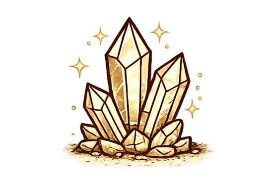 Illustration of a cluster of glowing, faceted crystals with sparkling effects.