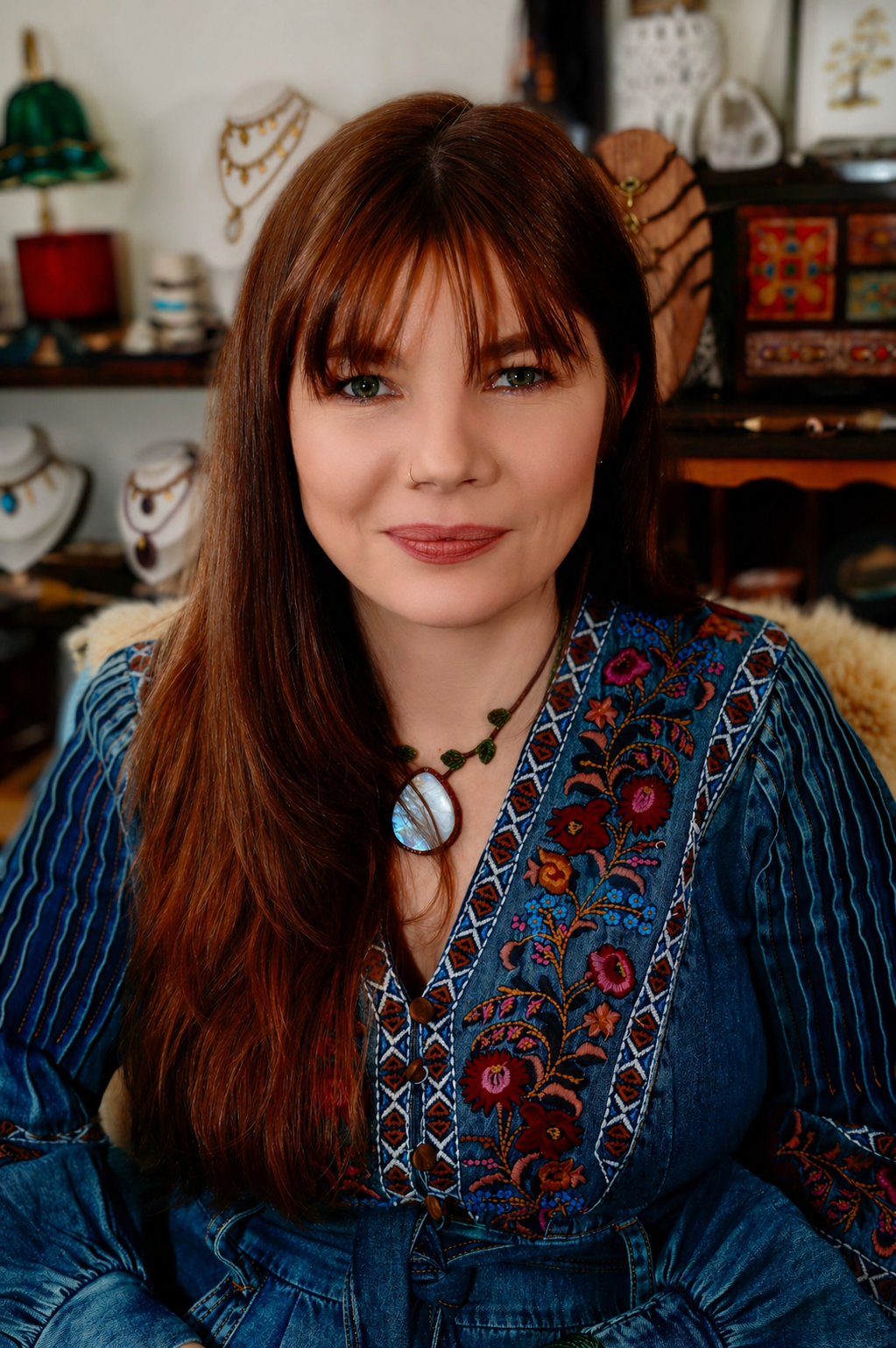 A woman with long auburn hair and green eyes sitting in a room with jewelry displays in the background, wearing a blue embroidered blouse and a large necklace with a white pendant.