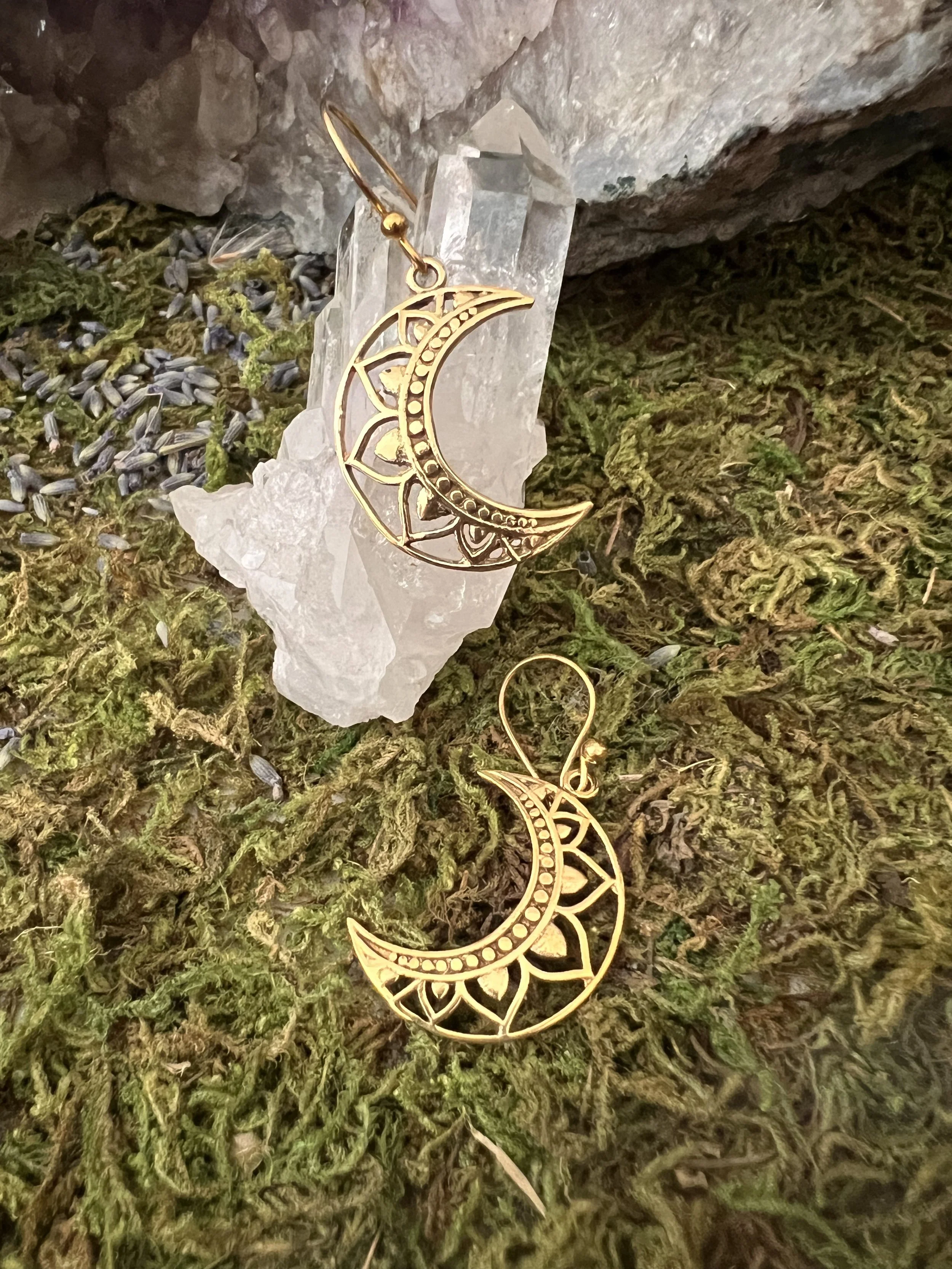 Celestial Crescent Brass Earrings