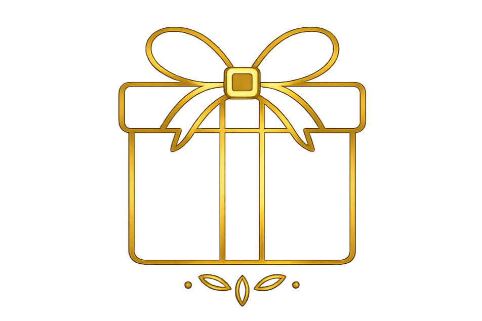 Golden gift box with a bow on top and red and blue accents.