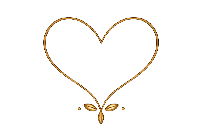 A gold heart-shaped outline with decorative elements at the bottom, resembling a stylized floral design.