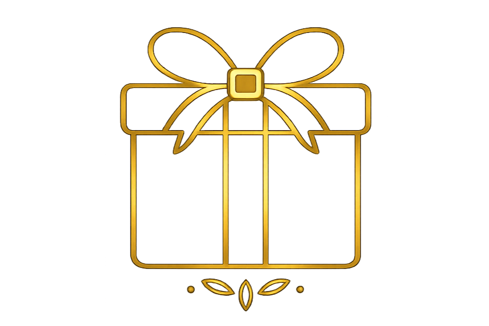 Gold gift box with a red and yellow bow on top.
