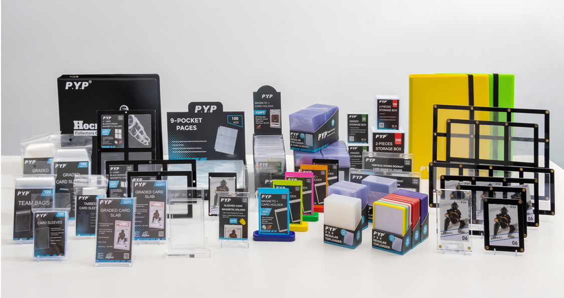 Collection of office or school supplies including card sleeves, magnetic card holders, storage boxes, folders, and plastic frames.