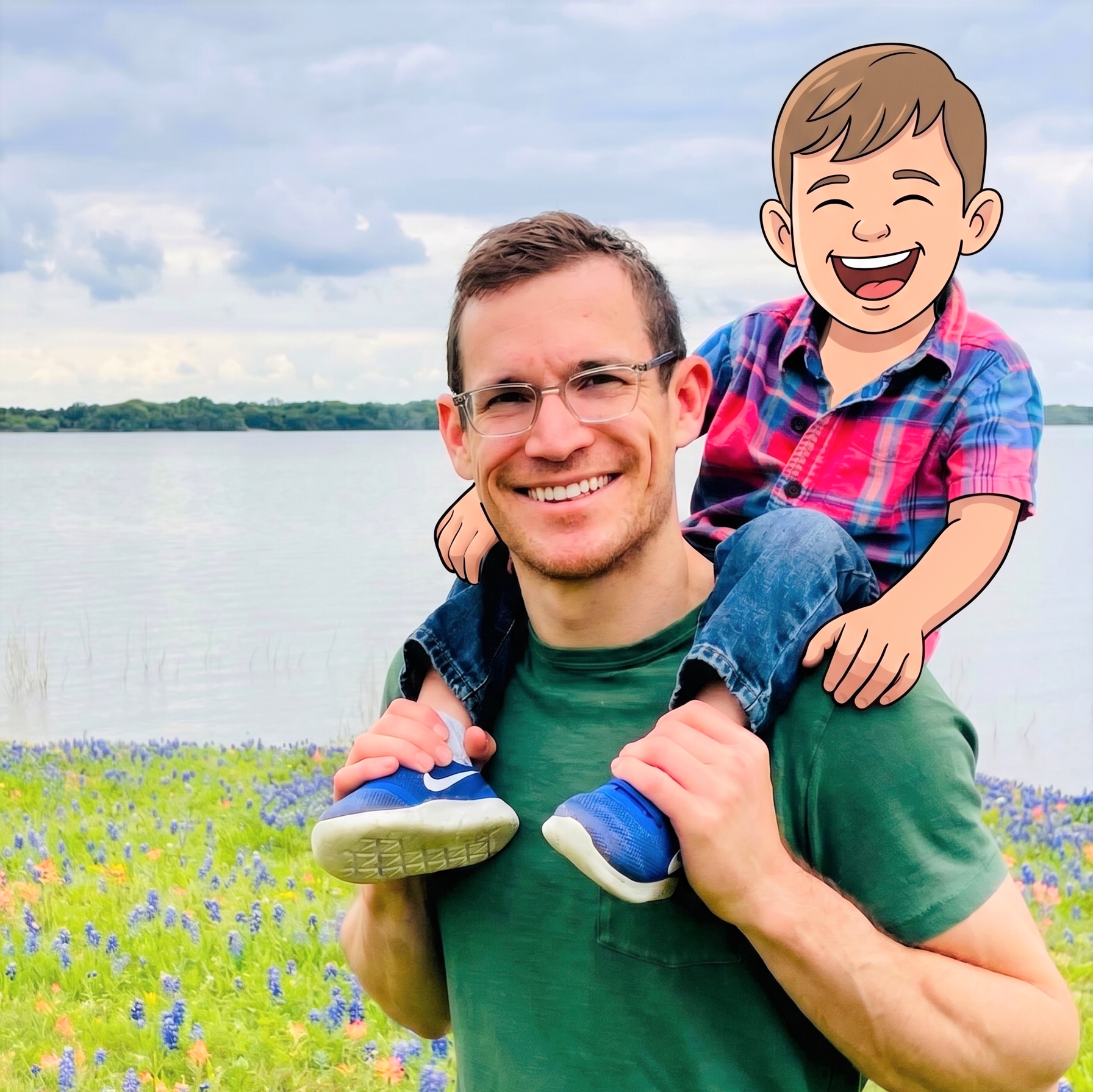Dr. Derman in casual clothes, smiling and carrying his young son on his shoulders, with a lake, cloudy sky, and colorful flowers in the background.