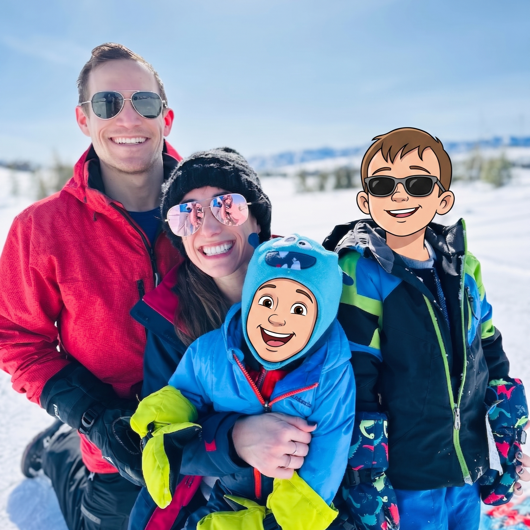 Dr. Derman, his wife, and two young sons smiling outdoors in a snowy landscape, wearing ski jackets and sunglasses, with cartoon overlays of the two children to protect their identities.