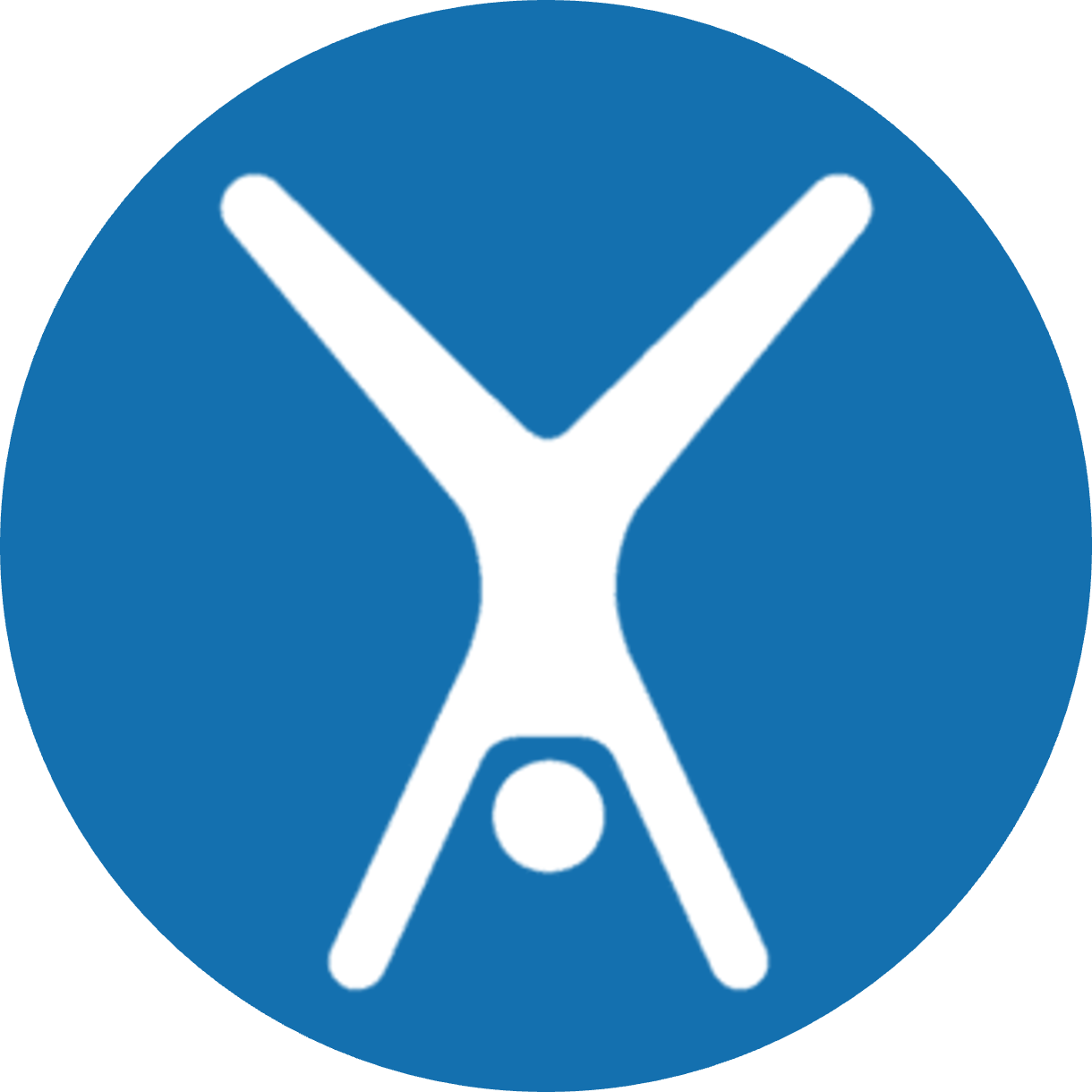 Logo depicting a stylized white figure doing a cartwheel on a blue circular background.