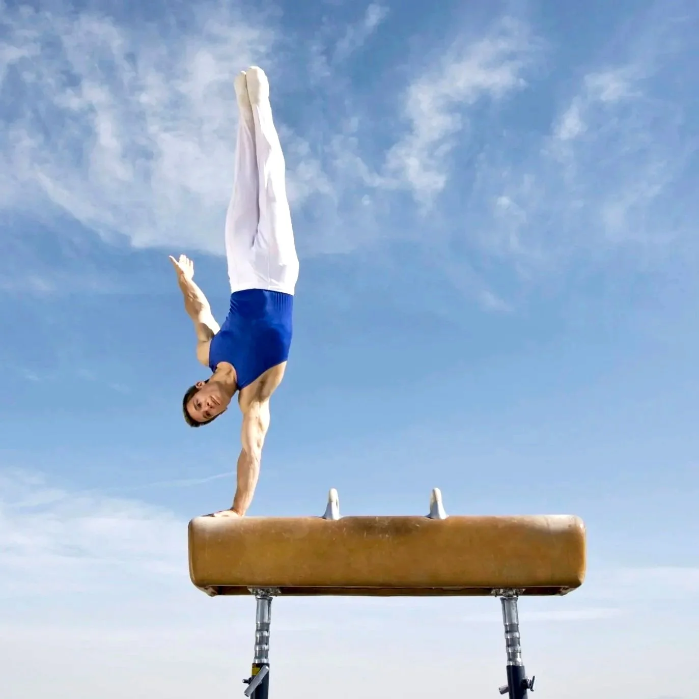 Dr. Derman doing a one-armed handstand on a pommel horse outdoors under a partly cloudy sky.