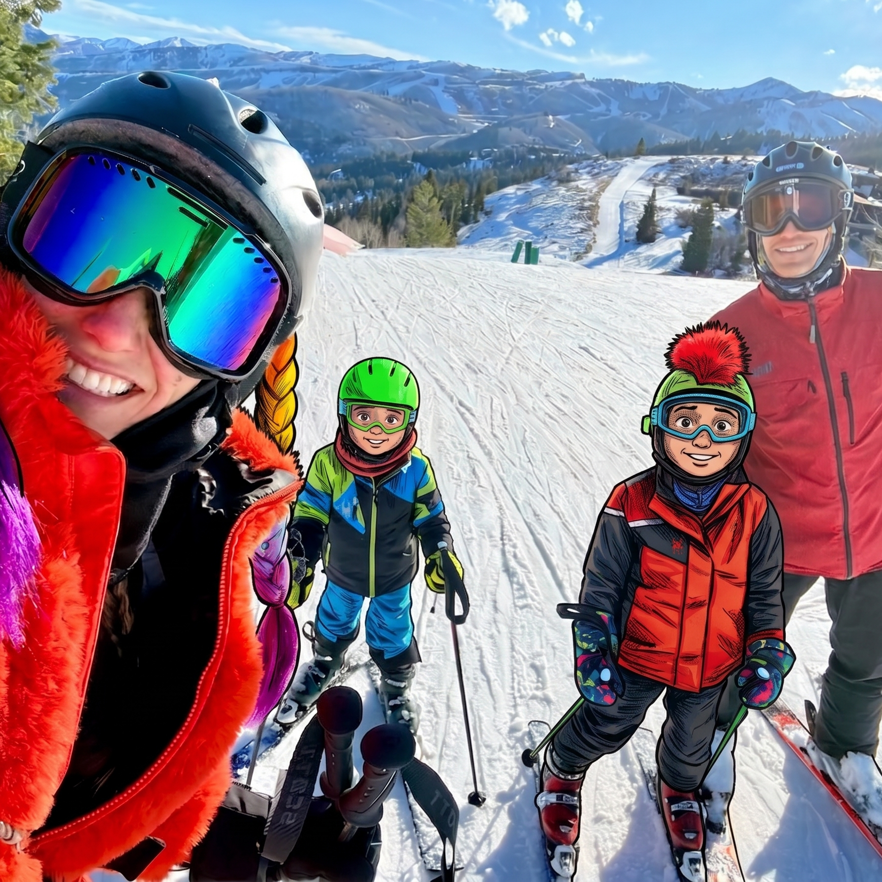 Dr. Derman, his wife, and two young sons in ski gear, smiling and posing for a selfie on a snowy mountain with ski slopes and distant mountains in the background.