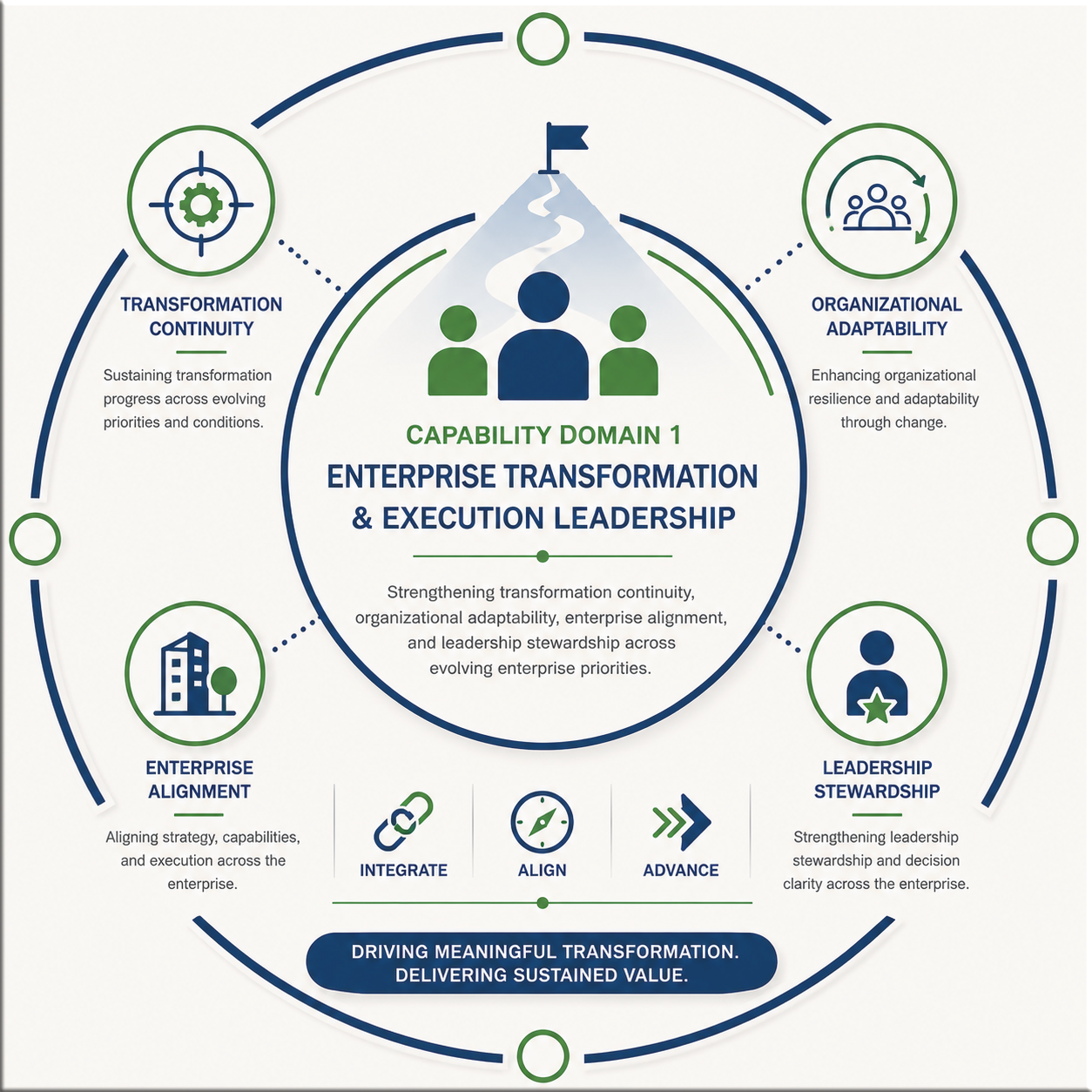 Capability Domain 1 visual representing transformation execution continuity and enterprise execution leadership.