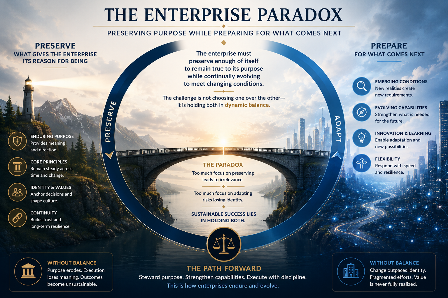 Executive illustration depicting the Enterprise Paradox: enterprises must preserve enough of themselves to remain true to their purpose while continually adapting to changing conditions to sustain long-term relevance.