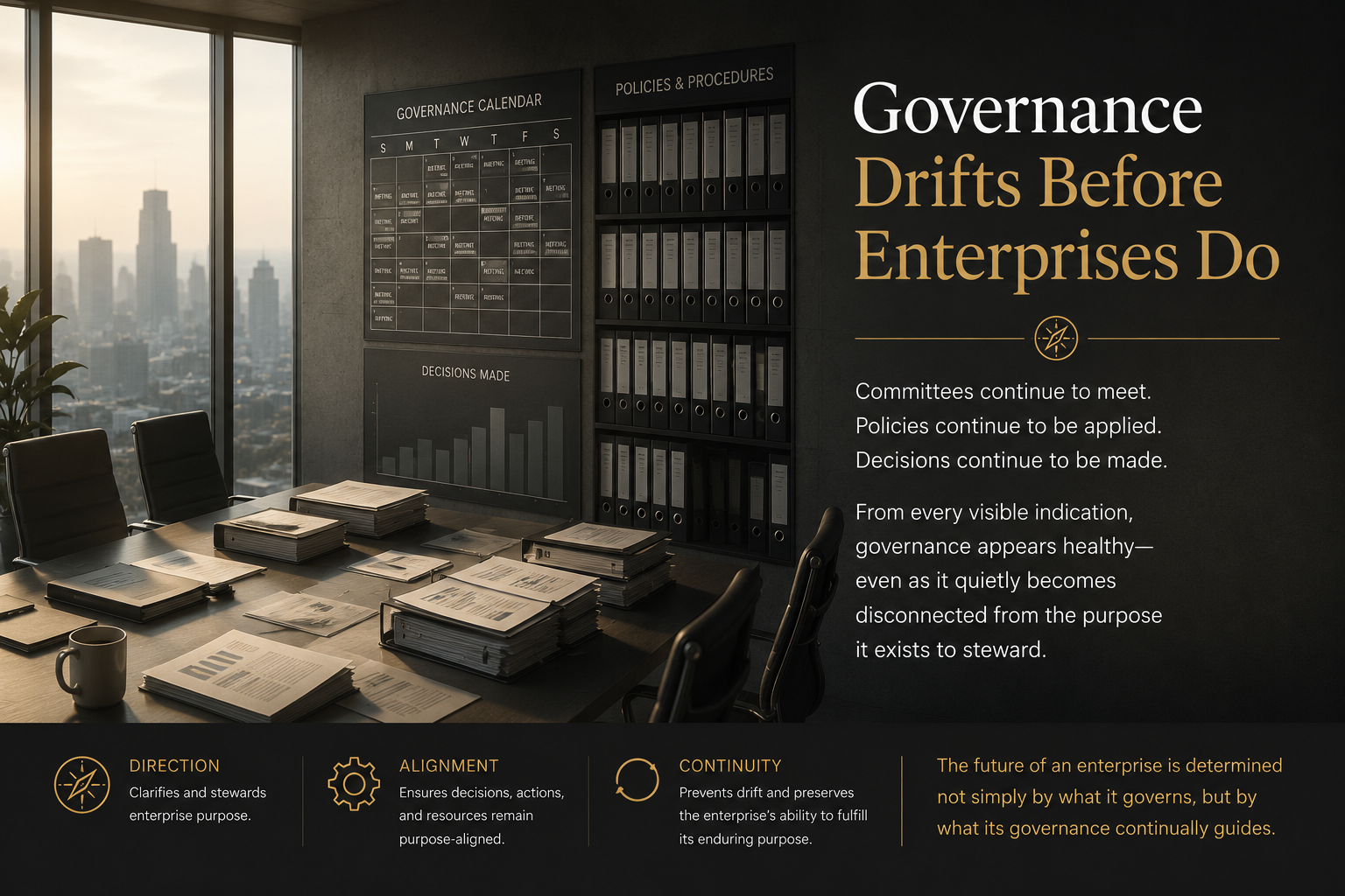 Governance mechanisms continue operating through meetings, policies, and decisions while governance quietly drifts from the enterprise purpose it exists to steward.