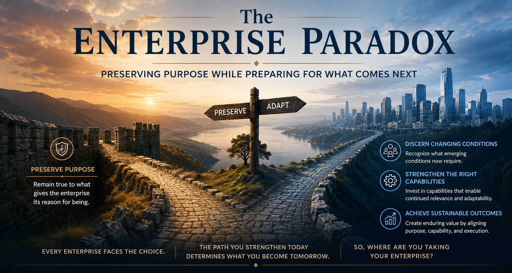 Executive illustration representing the Enterprise Paradox—preserving enterprise purpose while continually strengthening the capabilities that changing conditions require.