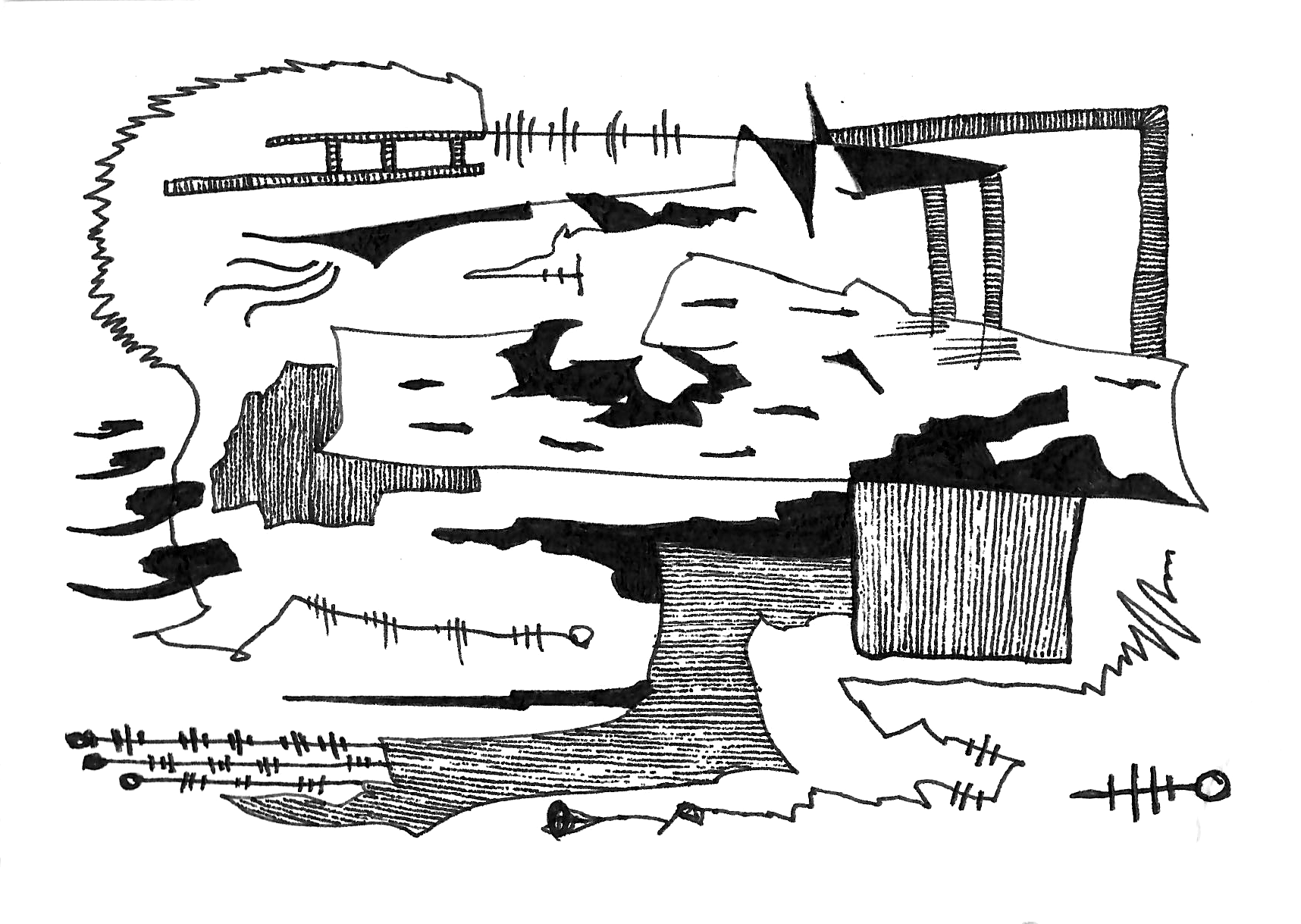 Tuschezeichnung auf Papier von Julian Schomäker, zeigt eine Komposition verschiedener Elemente, die gemeinsam an eine Landschaft erinnern. Landscape Studies sind abstrakte, surrealer, sci-fi anmutende Zeichnungen.