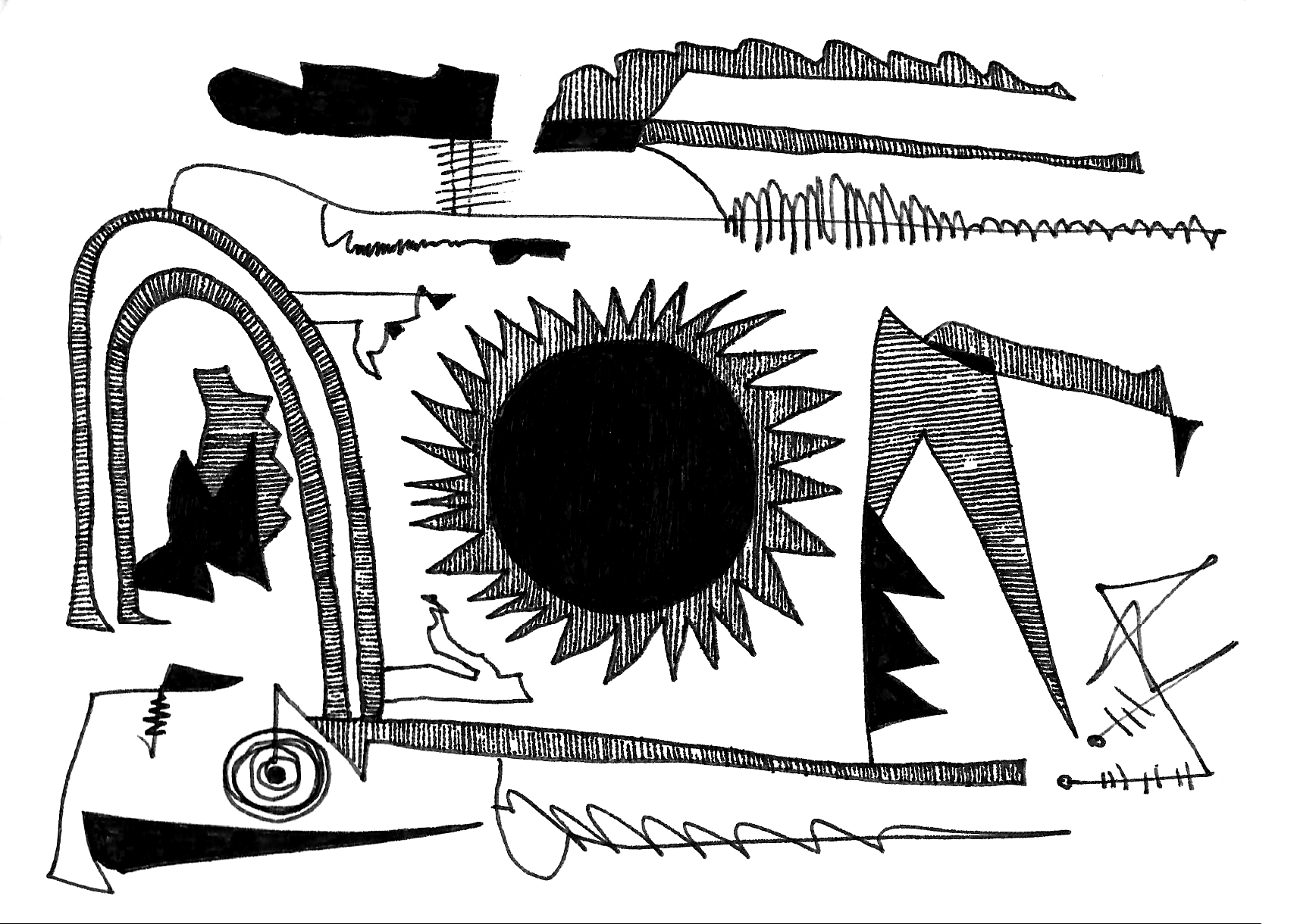 Tuschezeichnung auf Papier von Julian Schomäker, zeigt eine Komposition verschiedener Elemente, die gemeinsam an eine Landschaft erinnern. Landscape Studies sind abstrakte, surrealer, sci-fi anmutende Zeichnungen.
