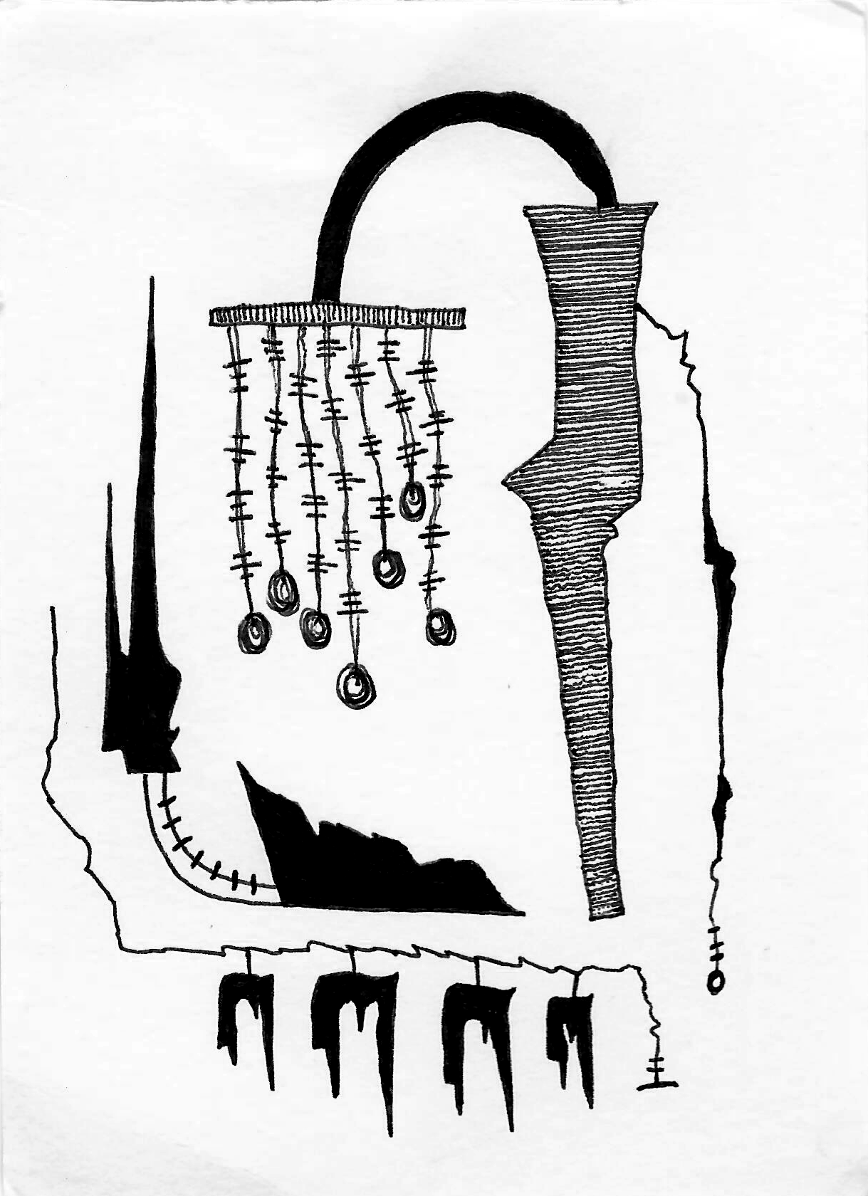 Tuschezeichnung auf Papier von Julian Schomäker, zeigt eine Komposition verschiedener Elemente, die gemeinsam an eine Landschaft erinnern. Landscape Studies sind abstrakte, surrealer, sci-fi anmutende Zeichnungen.