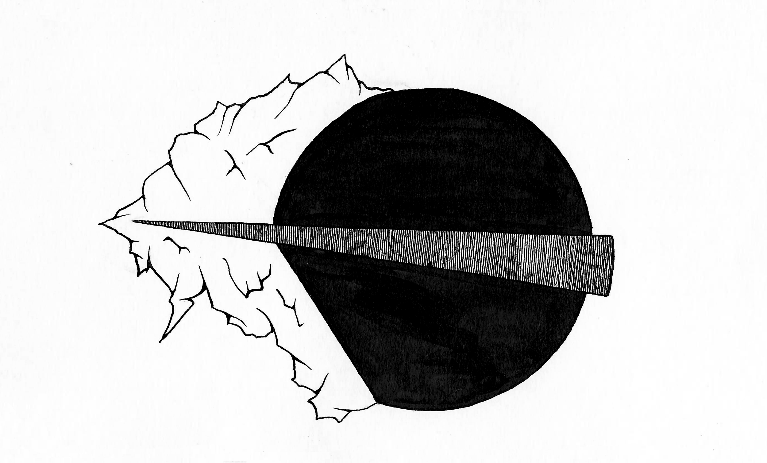 Tuschezeichnung auf Papier, gefertigt von Julian Schomäker. Komposition aus weißem Berg links, einen daran geschmiegten, nicht vollen Kreis, der links unten eine gerade hat. Beide Elemente von einer Spitze aus feinen Linien durchdrungen.