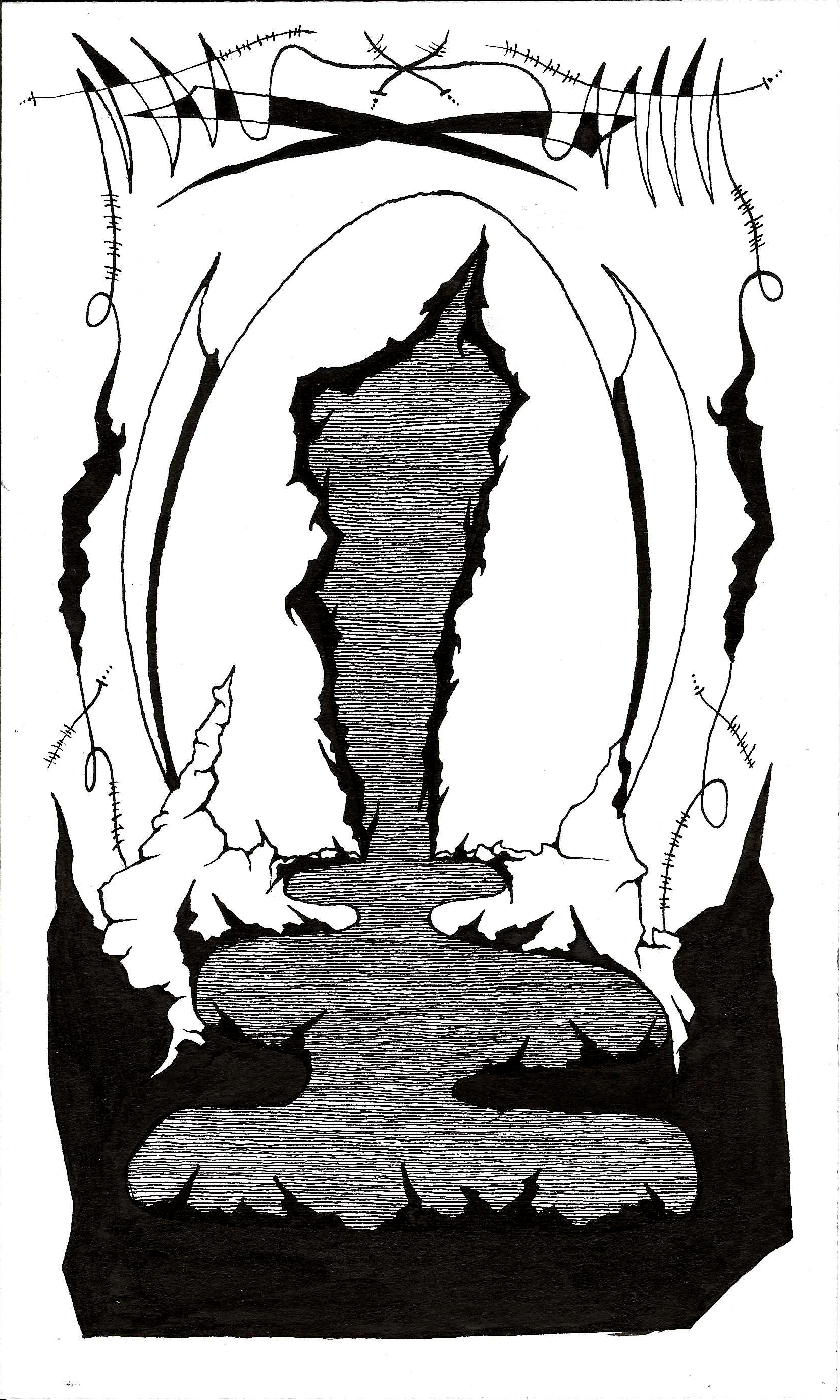 Tuschezeichnung auf Papier von Julian Schomäker, zeigt eine Komposition verschiedener Elemente, die gemeinsam an eine Landschaft erinnern. Landscape Studies sind abstrakte, surrealer, sci-fi anmutende Zeichnungen.