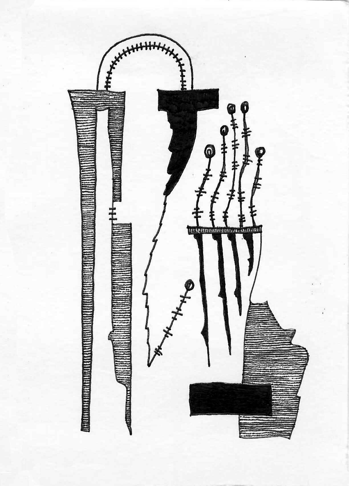 Tuschezeichnung auf Papier von Julian Schomäker, zeigt eine Komposition verschiedener Elemente, die gemeinsam an eine Landschaft erinnern. Landscape Studies sind abstrakte, surrealer, sci-fi anmutende Zeichnungen.