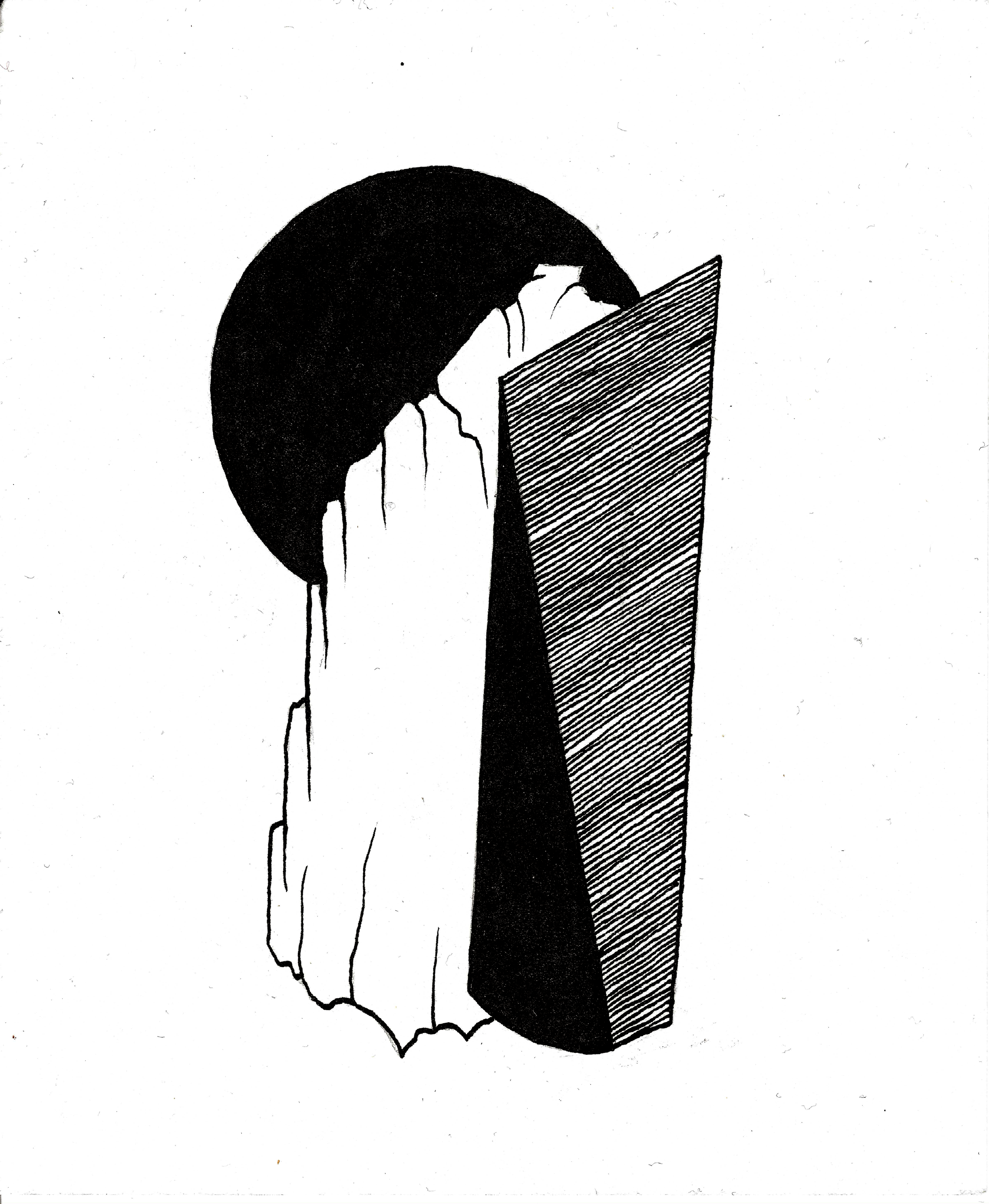Tuschezeichnung auf Papier von Julian Schomäker. Rechts ist ein nach oben spitz zulaufendes und in der Fläche breiter werdendes Objekt, mit schwarzer Fläche und feinen Linien. Angeschmiegt daran ist ein weißer Berg in dem ein schwarzer Kreis steckt.