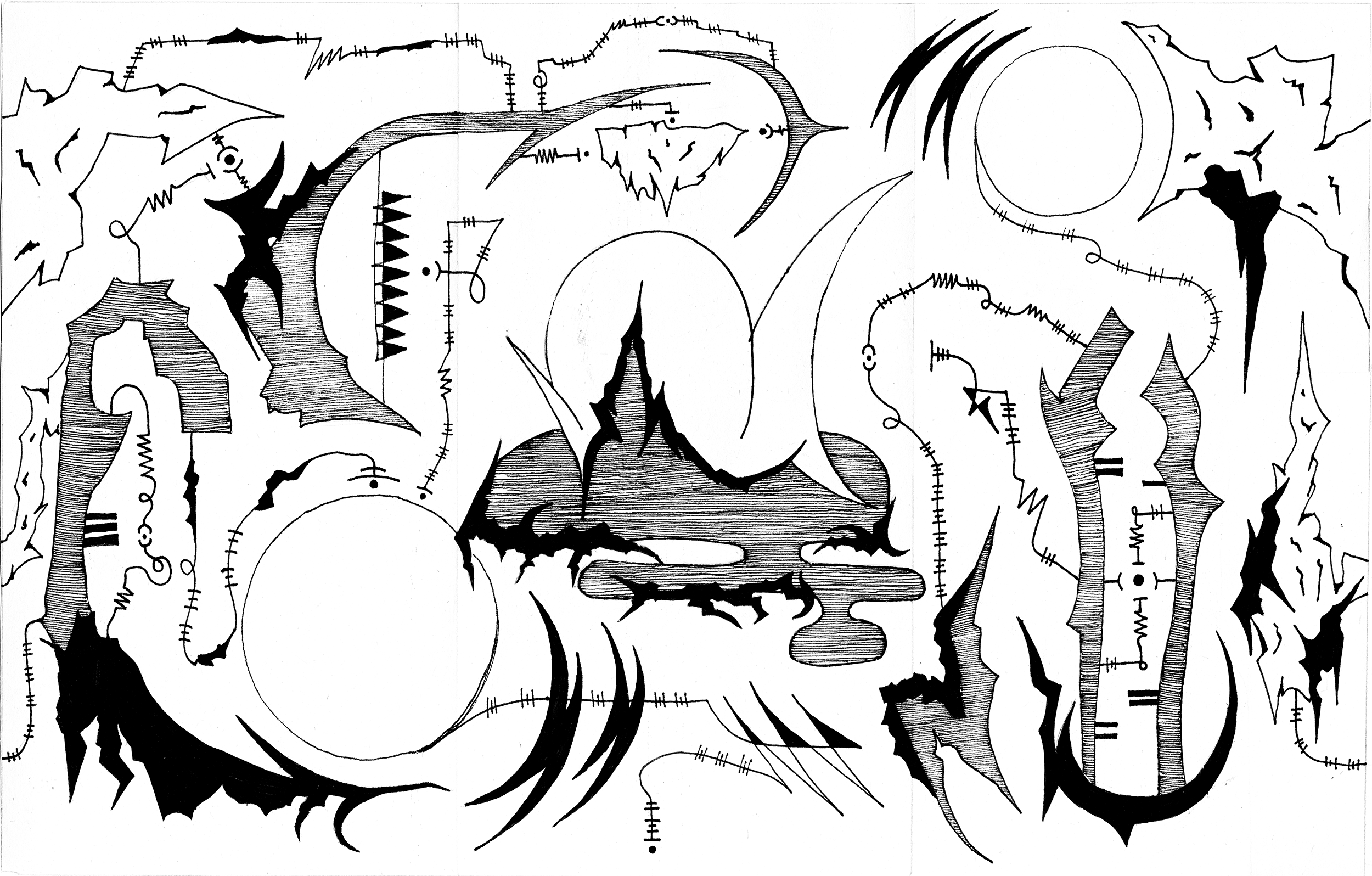 Eine von Julian Schomäker gefertigte Schwarz-Weiß-Skizze gezeichnet mit Tusche auf Papier, als Ausgangspunkt für das Triptychon mit dem Titel "o.T.". Zu sehen sind abstrakte Formen und Linien, die an eine Landschaft erinnern.