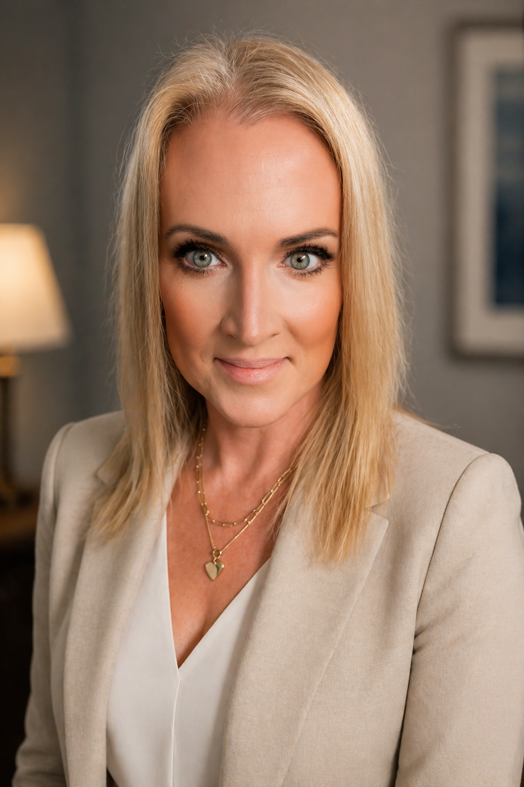 A woman with long blonde hair and blue eyes, wearing a beige blazer and necklaces with heart pendants, is smiling slightly at the camera in an indoor setting.