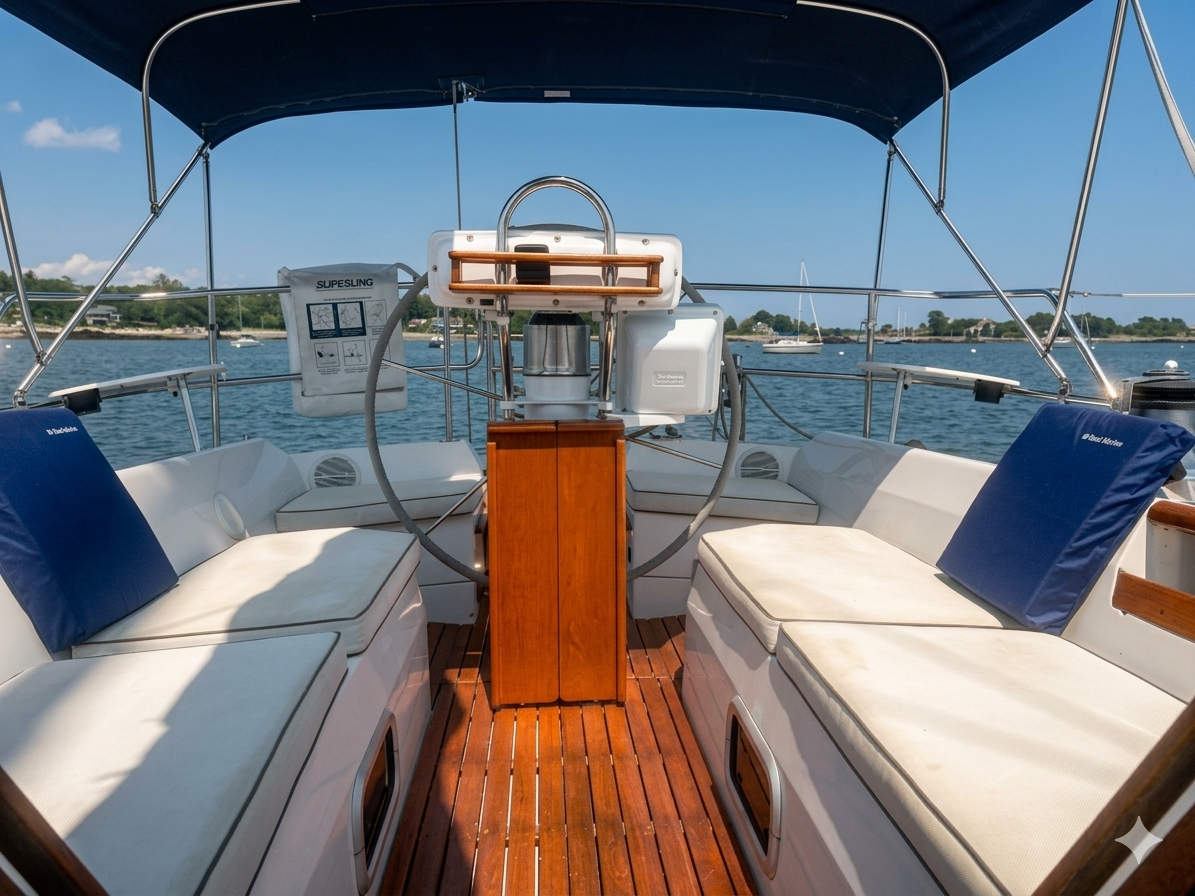 View of the deck seating area on a boat with cushioned seats, blue pillows, and a wooden steering wheel, overlooking a body of water with boats and a shoreline in the distance under a clear blue sky.