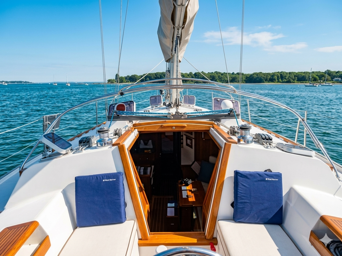 View from the deck of a sailboat looking toward the cabin entrance, with seating and blue cushions, on calm water during the day, with trees and other boats in the background.