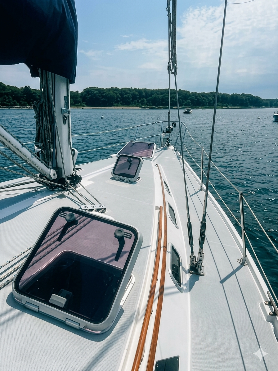 View from the deck of a sailboat on a calm body of water, with a distant shoreline covered in trees and a few small boats visible.