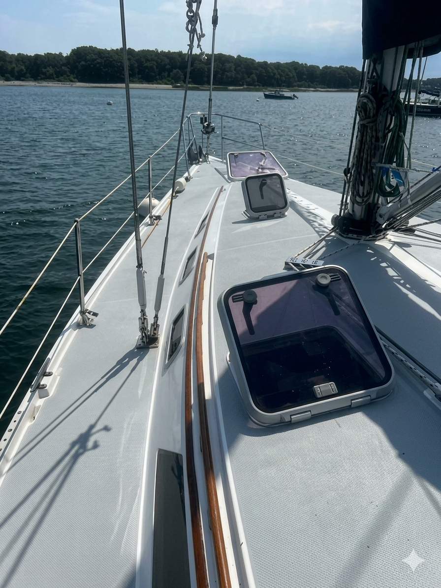View from the deck of a sailboat on a calm body of water with distant trees, other boats, and a partly cloudy sky.