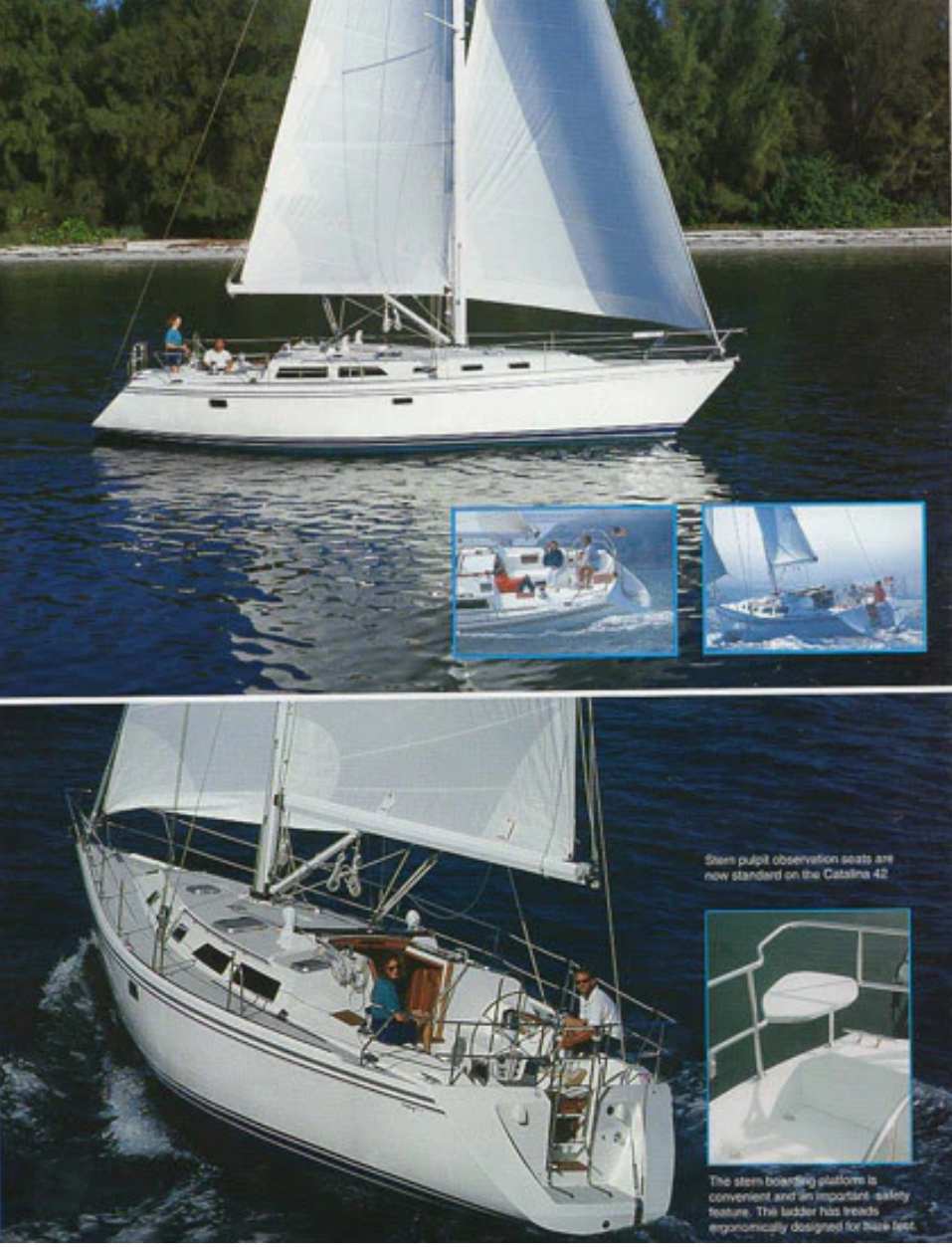 Sailboats on water with people on deck, sailboat with white sails, and close-up of boat railing with seating area.