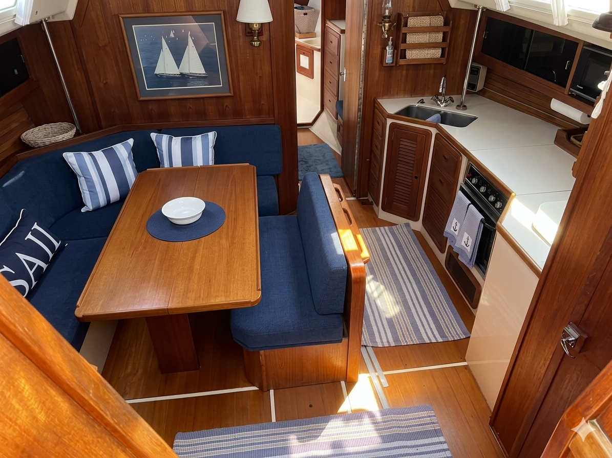 Interior of a boat or yacht's cabin showing a dining area with a blue cushioned bench and dining table, adjacent to a compact kitchen with a sink, microwave, oven, and small refrigerator, all with wooden finishes and striped rugs.