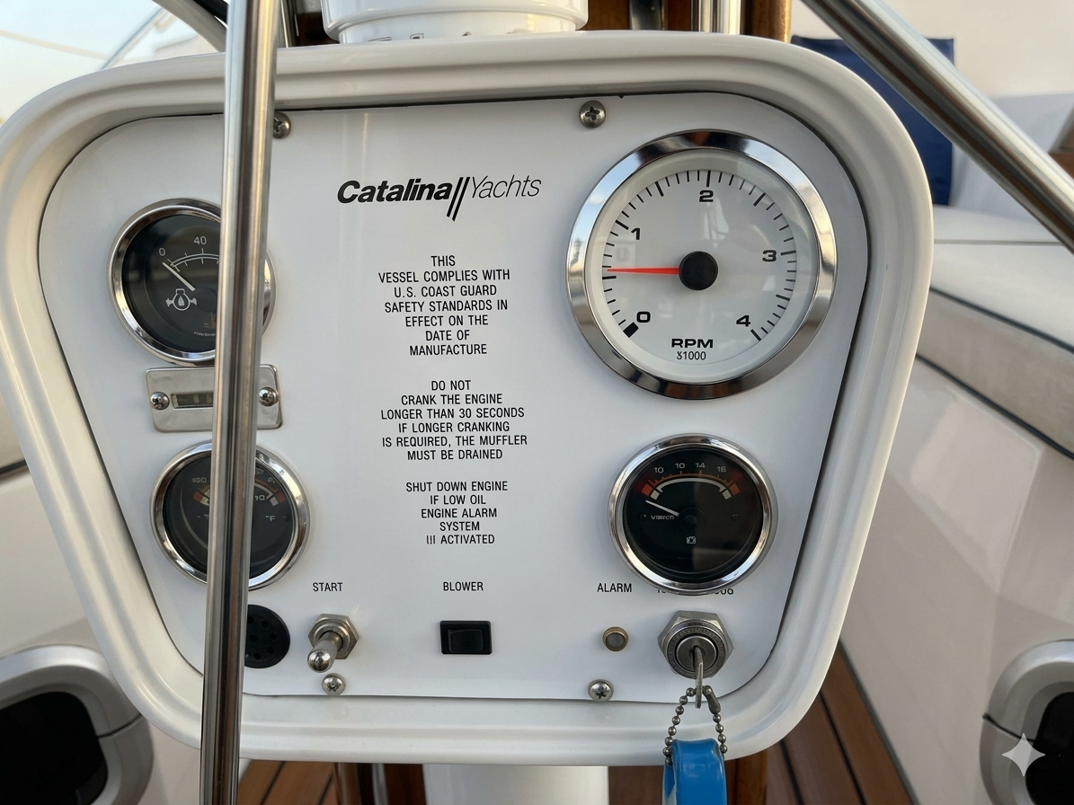 Close-up of a boat's control panel with gauges, switches, and a key, featuring the branding 'Catalina Yachts' and safety compliance information.
