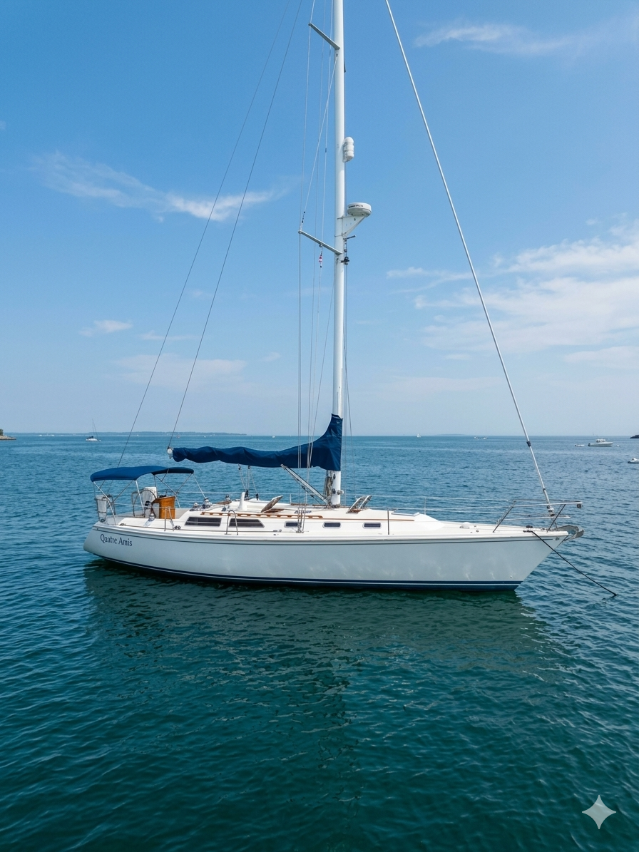 A white sailboat named 'Qatre Amis' floats on calm blue water under a partly cloudy sky.