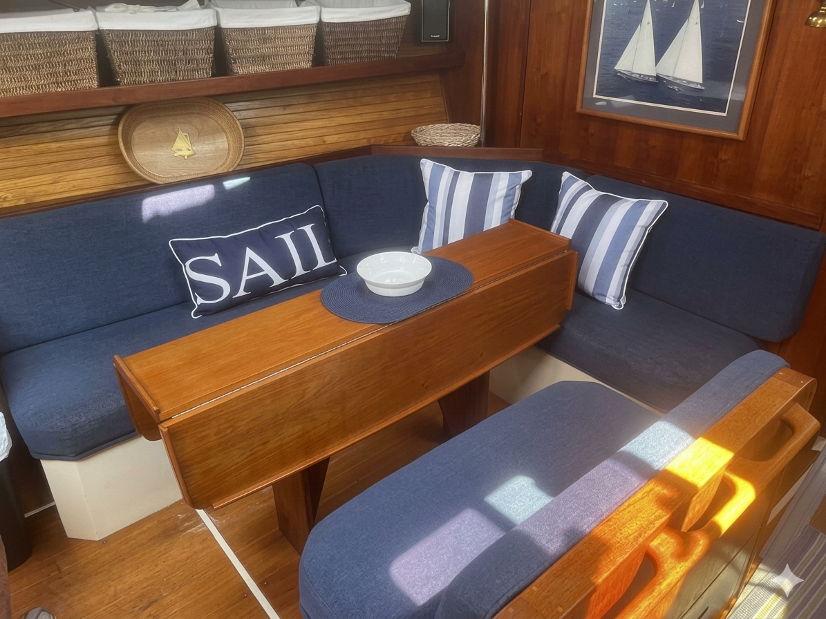 A nautical-themed sitting area with a navy blue sectional sofa, striped pillows, a wooden table with a bowl, and maritime decor on the wall.
