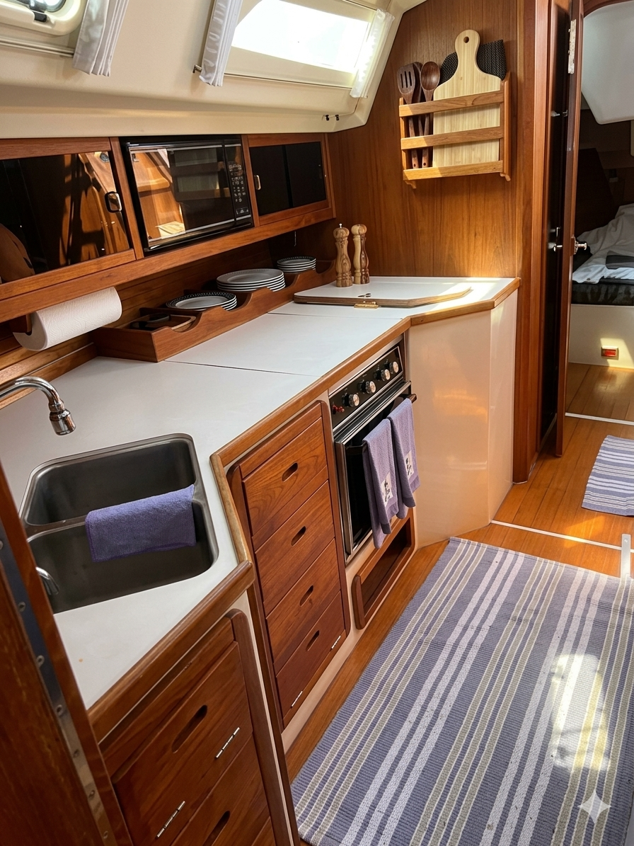 Compact kitchen area inside a boat or RV with wooden cabinetry, a small sink with a blue towel, a stove with pink towels, a cutting board, and a spice rack on the wall. A door leads to a sleeping area with a bed and striped rug.