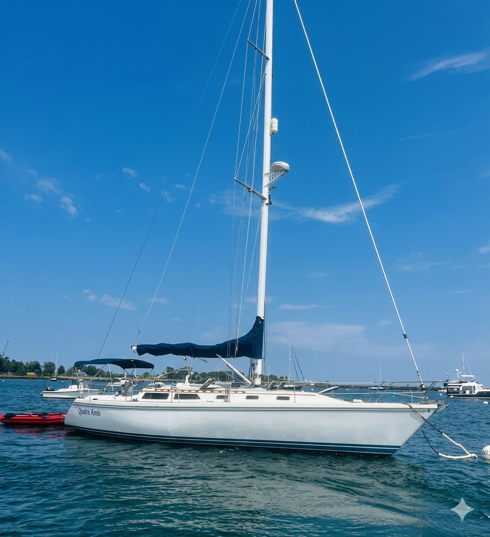 White sailboat named Qates Armis anchored in the water on a clear, sunny day.