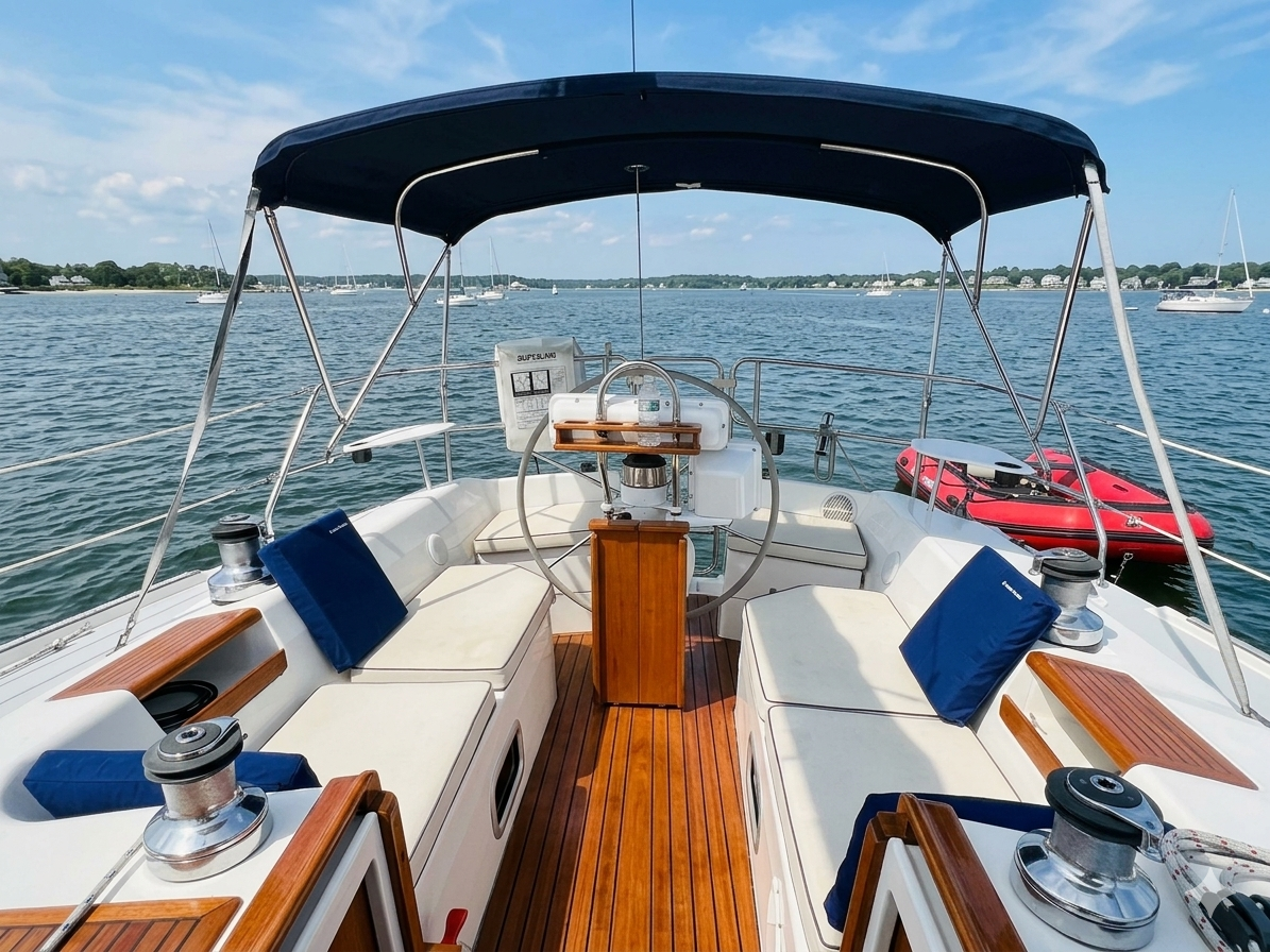 View of a boat deck with seating and a steering wheel, on a calm body of water with other boats, a clear sky, and a shoreline in the background.