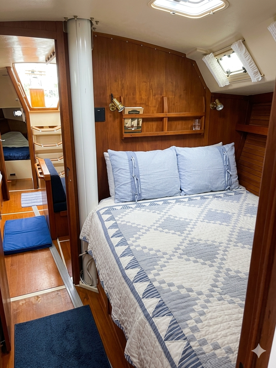 A cozy bedroom inside a boat with a wooden interior, a bed with light blue pillows and a quilt, small wall-mounted lamps, a skylight, and a window with curtains. A door to another room is ajar, showing a seat and sleeping area.