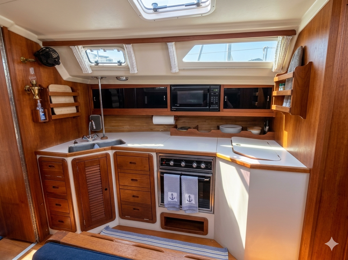 Compact boat kitchen with wooden cabinetry, a small sink, microwave, stove with towels, and storage shelves, illuminated by a skylight and small windows.
