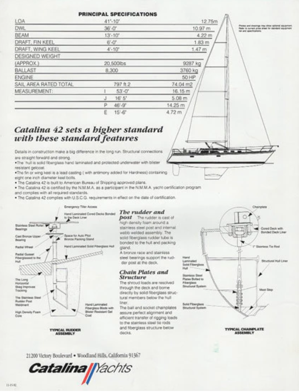 Diagram of Catalina 42 yacht with principal specifications including dimensions and features, and detailed illustrations of the rudder, chain plates, and structural assembly.