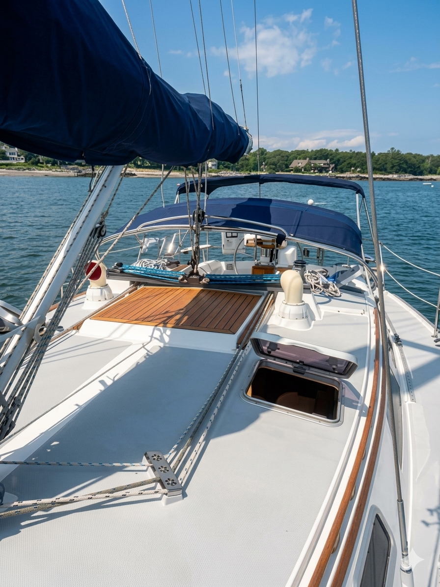 View of a sailboat deck on the water with a blue canopy, wooden hatch, and ropes, with shoreline and houses in the background.