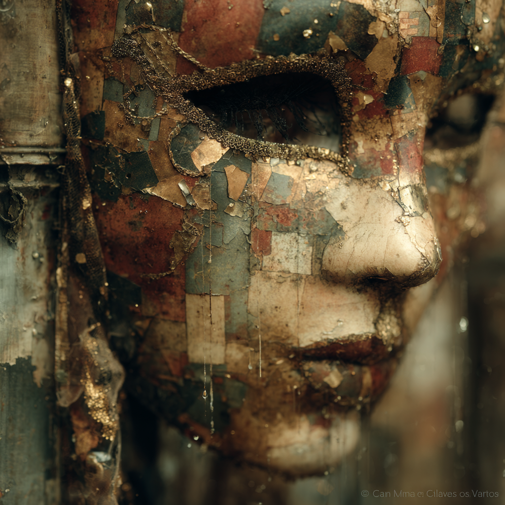 Close-up of a damaged, old, and weathered mask with peeling paint and tears, featuring a partially visible eye and realistic facial features.