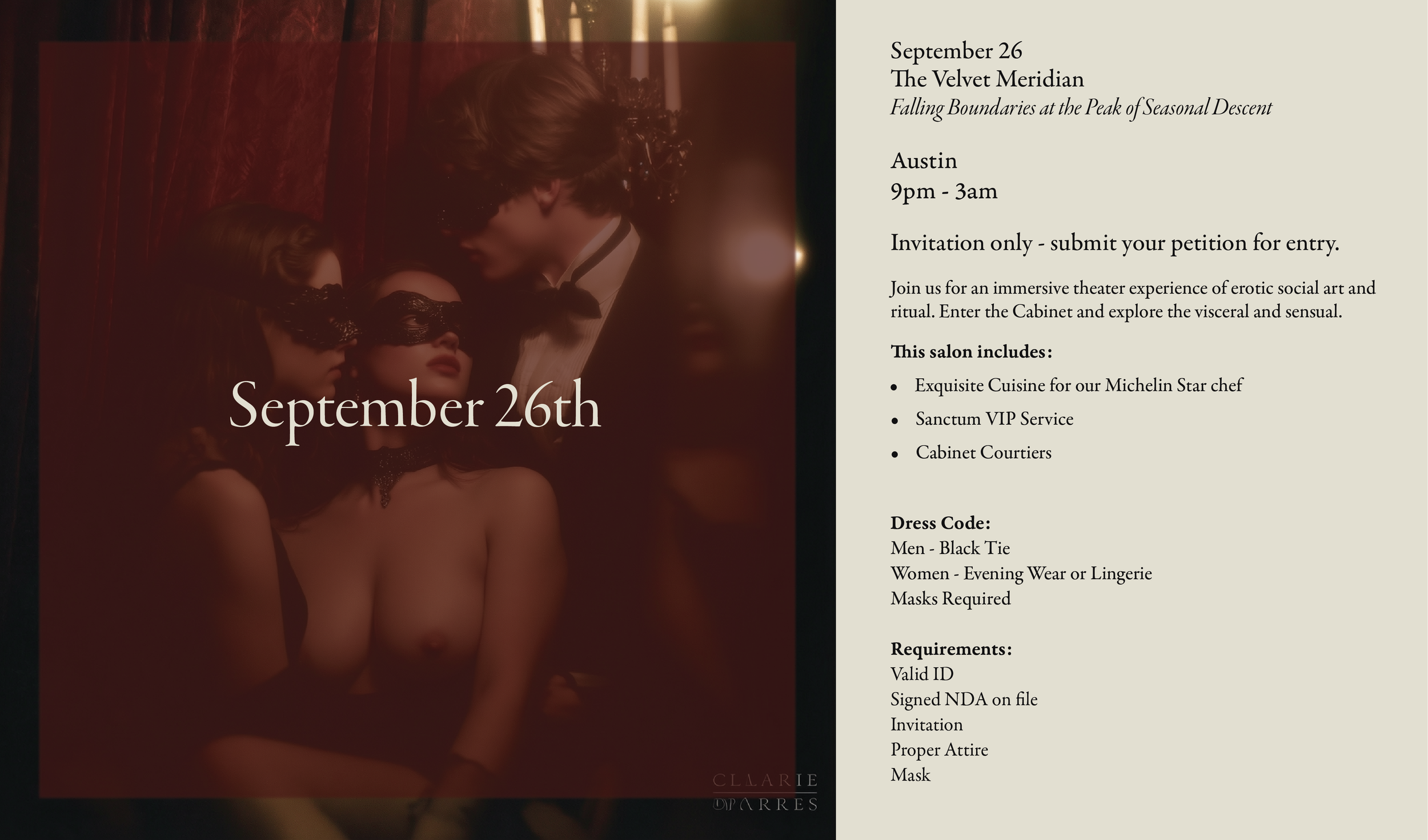 A promotional event flyer for an immersive theater experience titled "Falling Boundaries at the Peak of Seasonal Descent," scheduled for September 26th from 9 pm to 3 am in Austin. The flyer features an artistic image of three women wearing black lace masks with dim red lighting, and the event details are listed on a cream background.