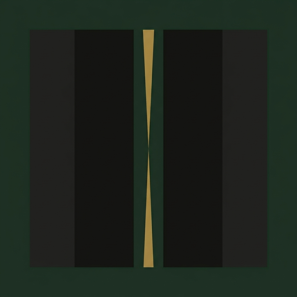 Abstract artwork consisting of two black rectangular panels with a yellow V-shape in the center, against a dark green background.