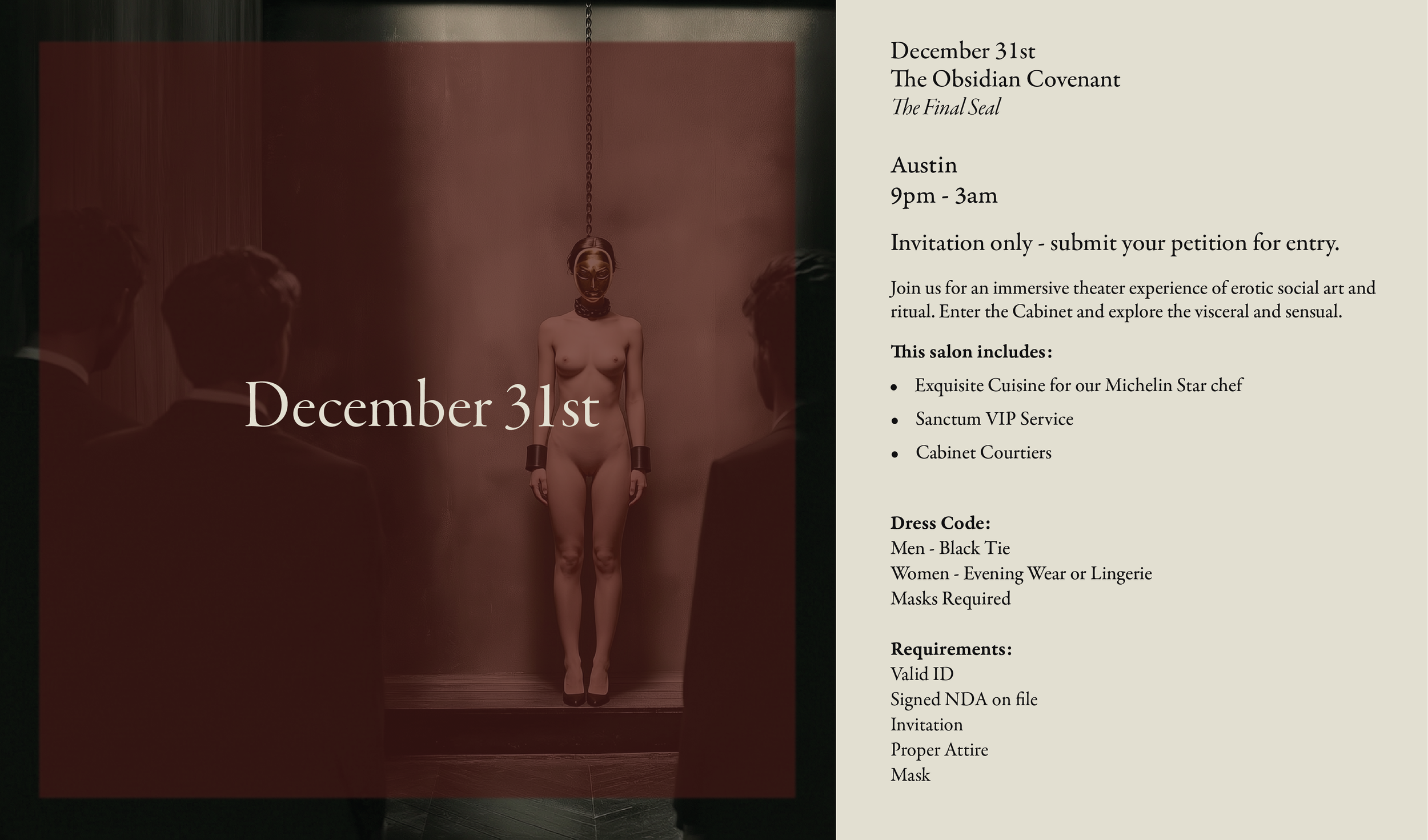 Event flyer for December 31st titled "The Obsidian Covenant - The Final Seal" in Austin, from 9 pm to 3 am. The flyer features an artistic nude woman with a black mask, chained to the ceiling, standing against a reddish background. The text indicates the event is invitation-only, with details about dress code, requirements, and amenities including cuisine, VIP service, and a strict dress code for men and women.